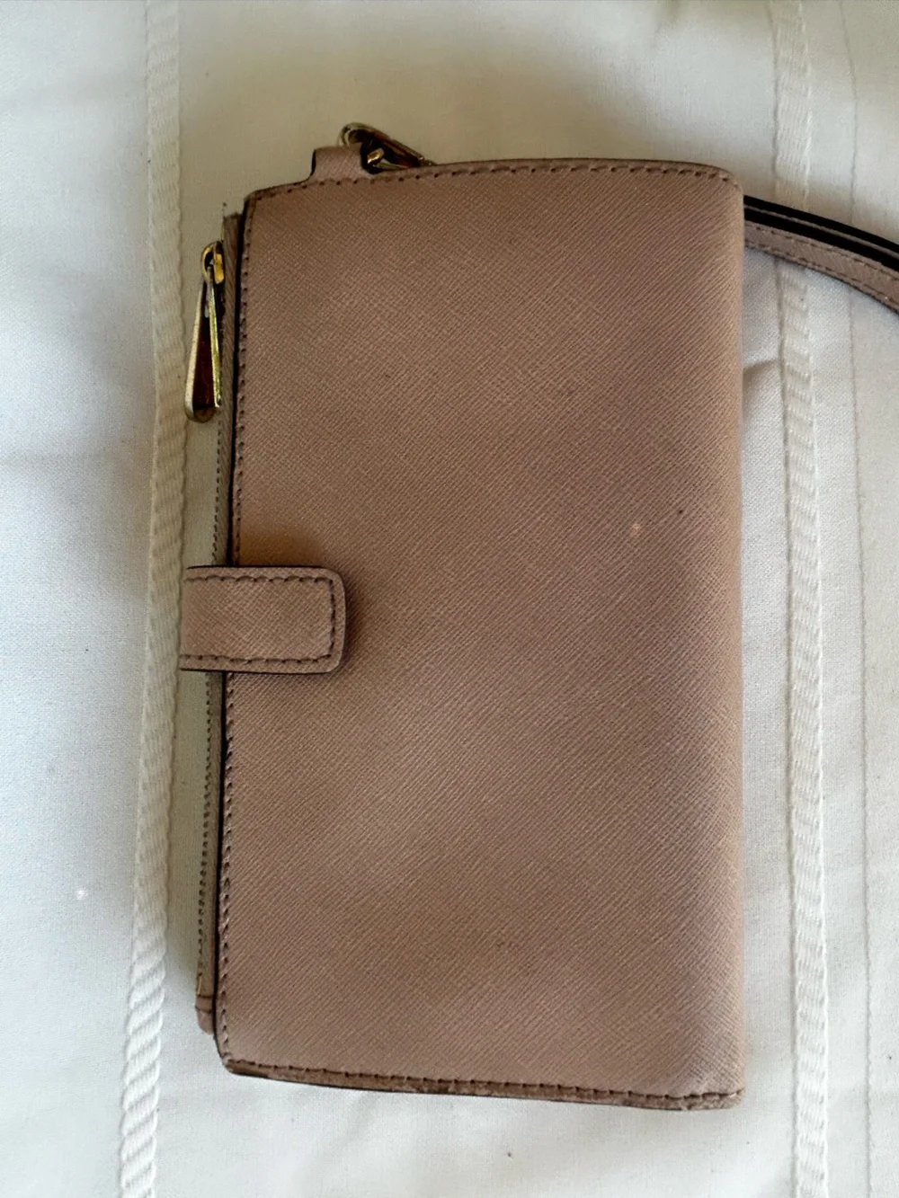 Michael Kors Jet Set Doubke Zip Wristlet Saffiano Leather Card Wallet Pink Gold